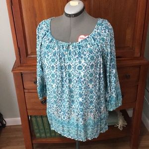 Blue Print Cotton Peasant Blouse